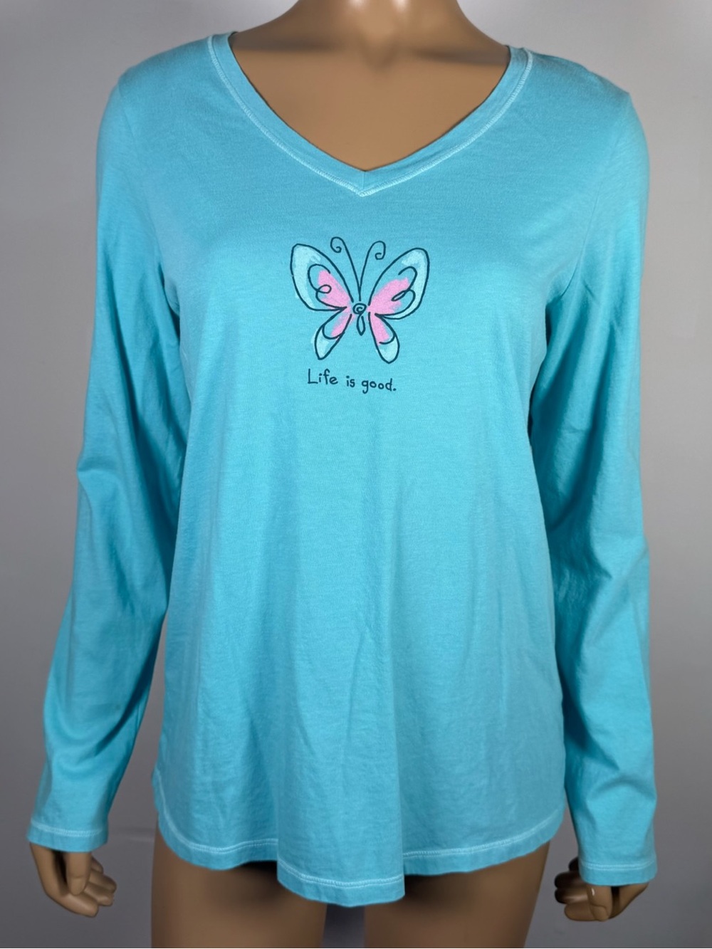 Life Is Good Women’s Size Medium Classic Fit V-Neck Long Sleeve Top Butterfly